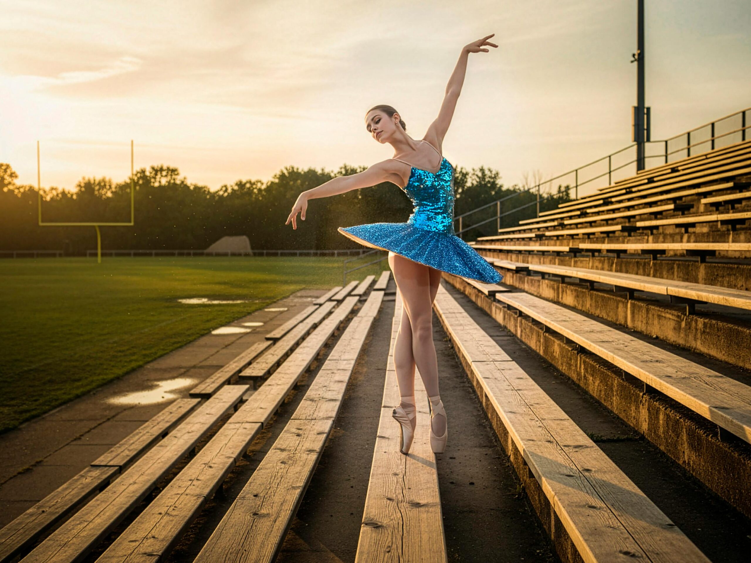 Elegant ballerina in blue costume performing on stadium bleachers at sunset, showcasing grace and poise.